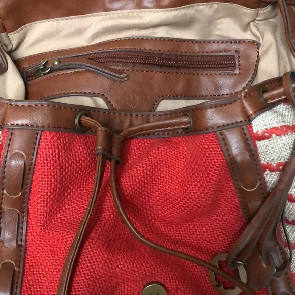 Lucky Brand Kendal Orange and Tan Boho Linen Blend Backpack Style Bag - Picture 6 of 10